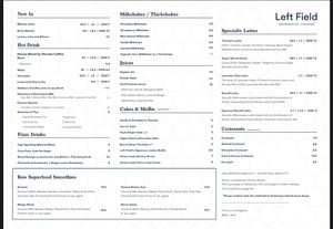 Menu as of June 2024  at Left Field in Carnegie