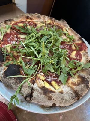 Decent pizza toppings. Emphasize extra extra sauce if going for no cheese since crust gets crispy in the oven.   at SQZBX in Hot Springs