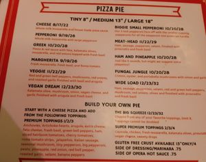 The pizza menu showing all of the vegan options and pricing...  at SQZBX in Hot Springs