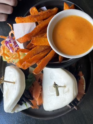 Mushroom buns with sweet potato fries  at I'm Vegan in Chicago