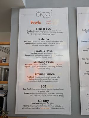 Menu at The Acai Project in San Luis Obispo
