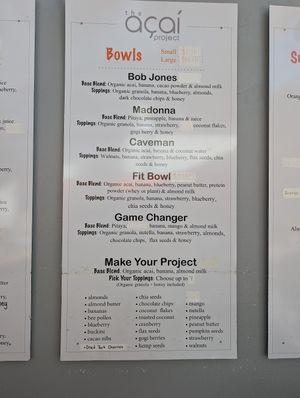 Menu at The Acai Project in San Luis Obispo