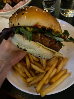 The vegan burger! With vegan mayo and vegan cheese. Option to have fries or salad. For the Onion rings option- they are NOT vegan.  at Masa's Bar & Grill in Sun Peaks