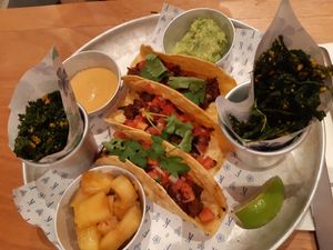 jackfruit tacos al pastor at Flax & Kale in Madrid