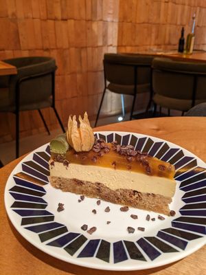 passion fruit cake at Flax & Kale in Madrid