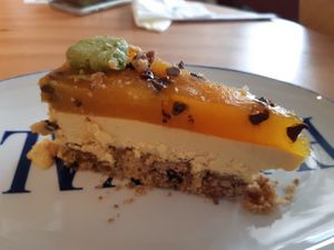 Desserts / hibiscus & bissap cheesecake at Flax & Kale in Madrid