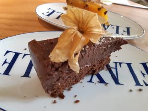 Desserts / two textures chocolate cake  at Flax & Kale in Madrid