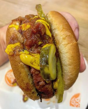 Classic vegan with relish, mustard and gherkins. at Blacks Burgers in Epsom