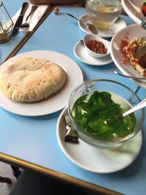 Bread, mint tea and spicy sauce  at YAFA in Stuttgart