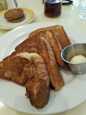 vegan french toast, side of vegan sausage  at Lucy's Cafe in Chicago
