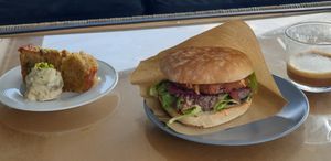 Pistachio bread and ball, fungiburger, latte macchiato at Seeds Cafe in Fornebu