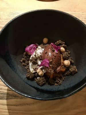 Dark Chocolate ganache, pumpkin cream and chicorée crumble at KLE in Zurich