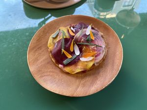 Torta with smoked tofu crema and different kinds of beets.   at KLE in Zurich