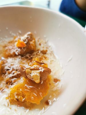 Carrot cake on white chocolate sauce at KLE in Zurich