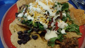Nachos with quinoa chorizo, vegan queso, black beans & toppings of choice (lettuce, onion, tomato, cilantro & vegan sour cream) at Migrants in Madison