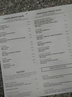 part of the menu with the extensive vegan taco list at Migrants in Madison