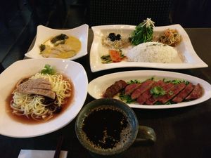 curry with side dishes, red koji, house noodles and ginger tea  at Fēng Wèi Tíng 豐味亭 in Taipei