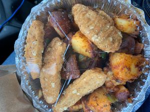 Chicken fingers with vegan home fries  at Toast Coffeehouse in Patchogue