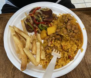 Beef less entree with fries and rice & beans  at The Earthy Kitchen in Orlando