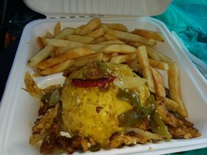 Chick'n mofongo with fries at The Earthy Kitchen in Orlando