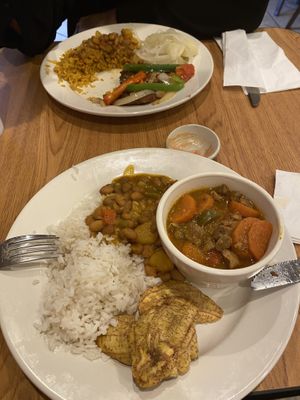 Beef less stew with white rice, beans and tostones   at The Earthy Kitchen in Orlando