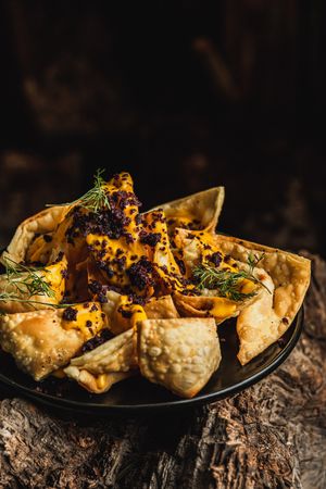 Stuffed Wantan and especial peruvian sauce  at Lounge del Brujo Vegan Kitchen & Bar Cayma in Arequipa