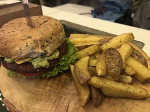 Mexican burger (Vegaburger Mexicana) - sooooo good!  at Lounge del Brujo Vegan Kitchen & Bar Cayma in Arequipa