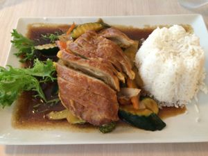 seitan with rice and vegetables at Loving Hut - Na Porici in Prague