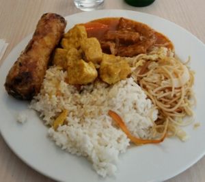 Spring roll, tofu, seitan, noodles and rice. at Loving Hut - Na Porici in Prague