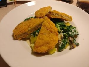 Schnitzels in creamy mushroom sauce with potatoes at Loving Hut - Na Porici in Prague