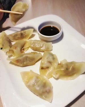 Veggie dumplings, card menu at Loving Hut - Na Porici in Prague