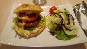 A burger from the main menu. at Loving Hut - Na Porici in Prague