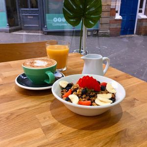 Granola & latte with oat milk at Kings Walk Kitchen in Nottingham