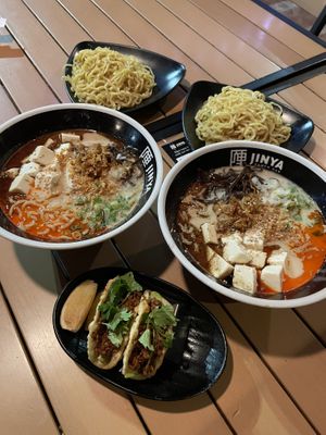 Spicy creamy vegan ramen, extra noodles, vegan tacos  at JINYA Ramen Bar in San Jose