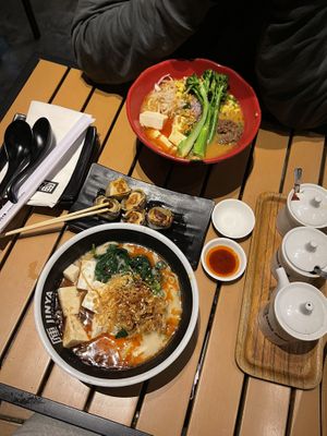 harvest (top), creamy (bottom), impossible gyoza  at JINYA Ramen Bar in San Jose