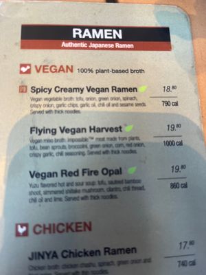 Vegan ramen menu at JINYA Ramen Bar in San Jose