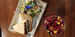 Beet kvas and egg cream sandwich at Coffee Ideas in Auroville