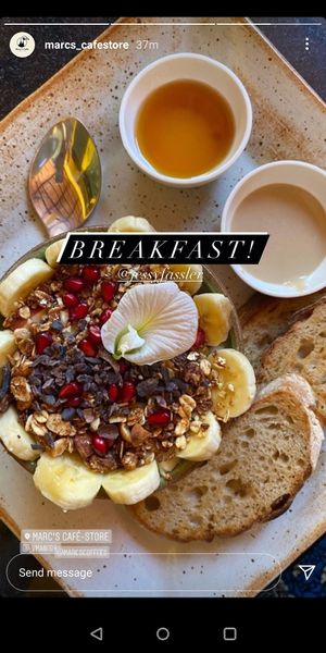 Granola and coconut mylk  with sourdough bread and tahini at Coffee Ideas in Auroville