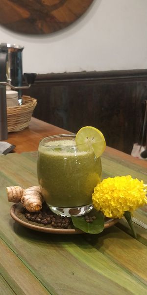 Green queen smoothie, with Malabar spinach and fresh turmeric at Coffee Ideas in Auroville