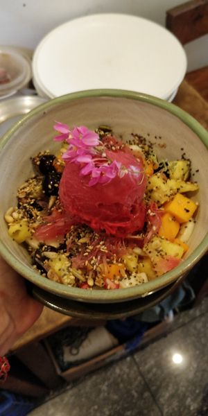 Fruit salad and raspberry gelato at Coffee Ideas in Auroville