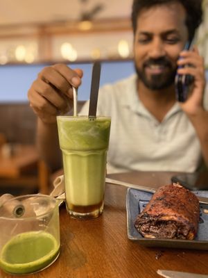 Macha tea and chocolate blueberry danish   at Coffee Ideas in Auroville