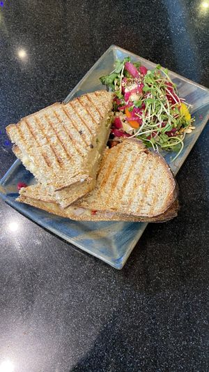 Vegan cheese sandwich and salad  at Coffee Ideas in Auroville