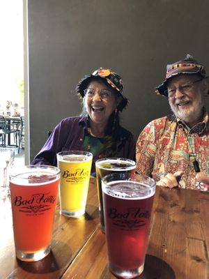 Vegan beer and pizza for their 59th wedding anniversary !  at Bad Tattoo Brewing in Penticton