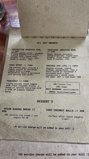 Menu  at Moochie's Cafe in Weligama