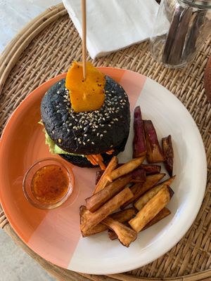 Vegan burger! Best bun I’ve ever tried!  at Moochie's Cafe in Weligama