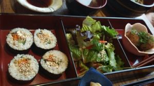 Udon noodles and sushi lunch box  at Itadakizen in London