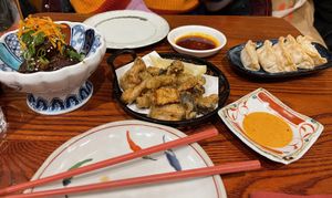 Vegan meatballs, calamari with tartar sauce and gyoza dumplings at Itadakizen in London