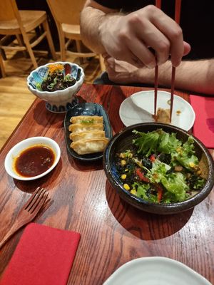 SEAWEED SALAD, VEGAN GYOZA, VEGAN MEAT BALLS at Itadakizen in London
