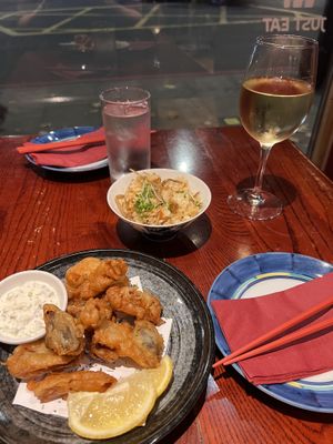 Vegan Calamari, Japanese Mixed Vegetable rice, Vegan Wine  at Itadakizen in London