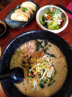 Creamy ramen and gyoza and broccoli sides for lunch at Itadakizen in London
